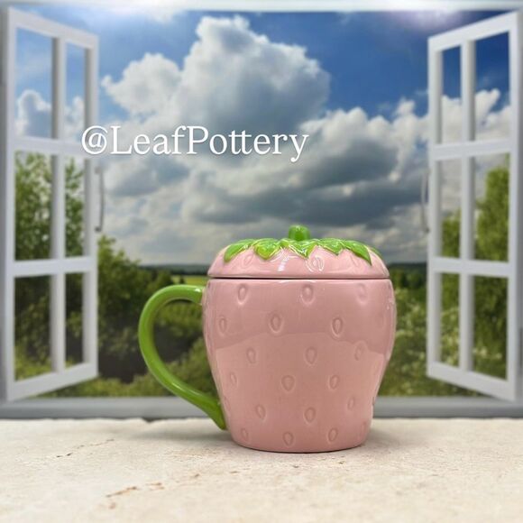 Strawberry Lidded Pink/Green Ceramic 16oz Mug - Picture 1 of 8